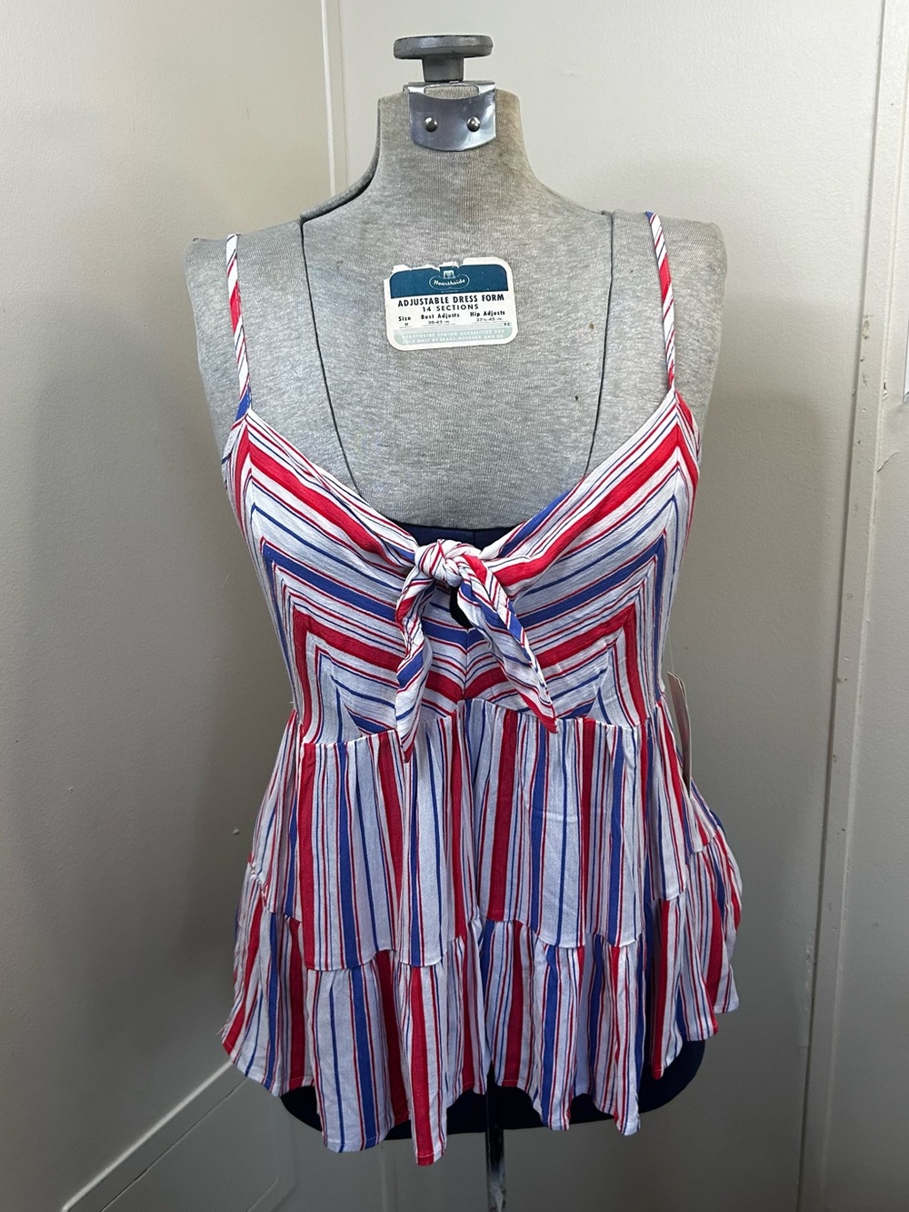 New Red, White & Blue Striped Top w/Tie, Spaghetti Straps & Ruffle Hem
